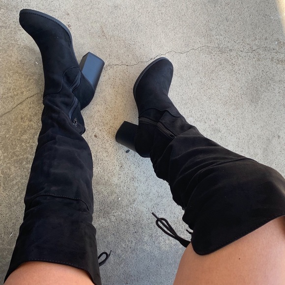 Soda Ebony Black Faux Suede Lace Up Heeled BOOTS - Picture 2 of 8